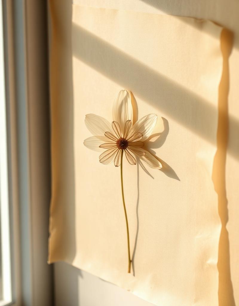 A single pressed wildflower between layers of vellum paper in soft window light